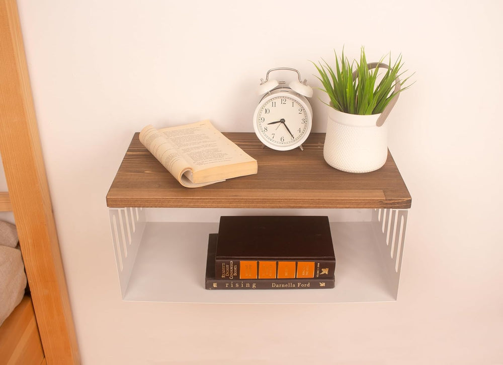 Floating Nightstand with White Metal Base, Wooden Top and Sturdy Metal Base, ...
