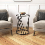 Round Side Table, Modern End Tables for Living Room Office Small Spaces, Glass Black End Table with Metal Frames, Nightstand for Bedroom, Bedside Furniture, Easy Assembly