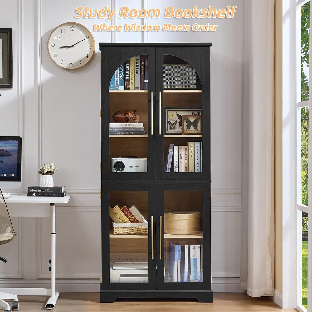Joaxswe 68" Tall Bookshelf with 4 Glass Doors, Farmhouse 5 Tire Bookcase