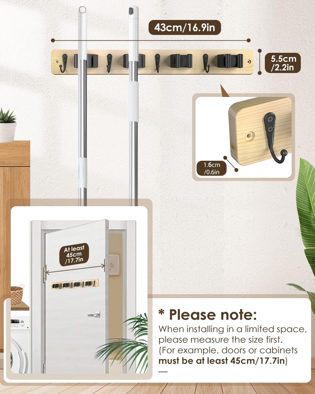 Broom Holder Wall Mounted, Light Wood 4 Holders and 4 Hooks Mop Holder, Wooden Mop and Broom Holder with Anti slip rubber, Natural pine wood Brush Holder, Mop Wall Holde with Nail installation