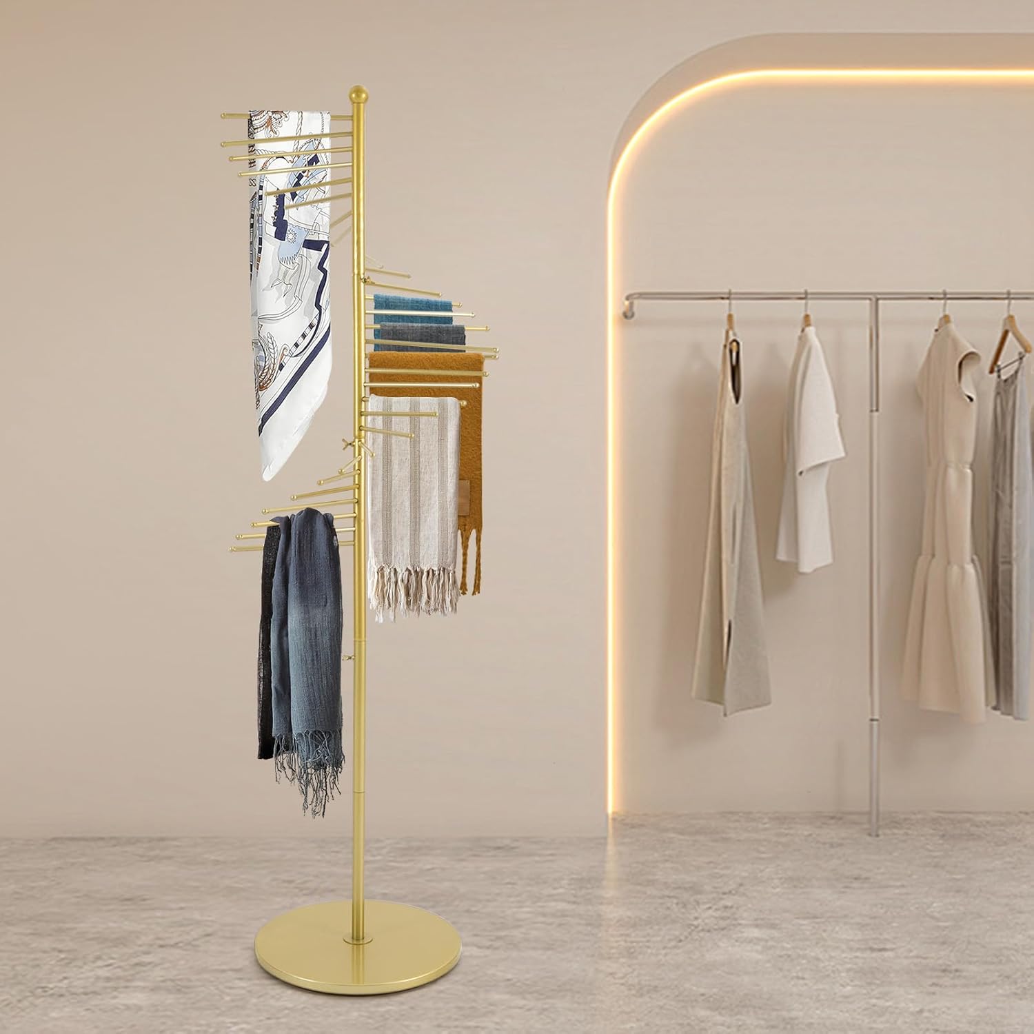 Spiral Scarf Display Stand, Freestanding Hijab Organizer with Multiple Rods, Metal Scarf Rack for Clothing Store Home, Gold