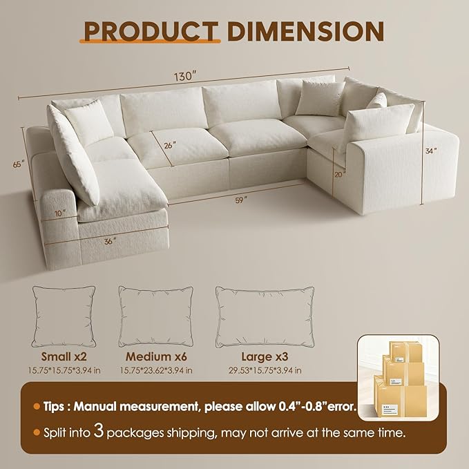 130" Oversized Boneless Cloud Couch, Modular Sectional Couches for Living Room, U Shaped with Deep Seats, No Assembly Required, 6 Seater Washable Fabric Sleeper Sofa, White