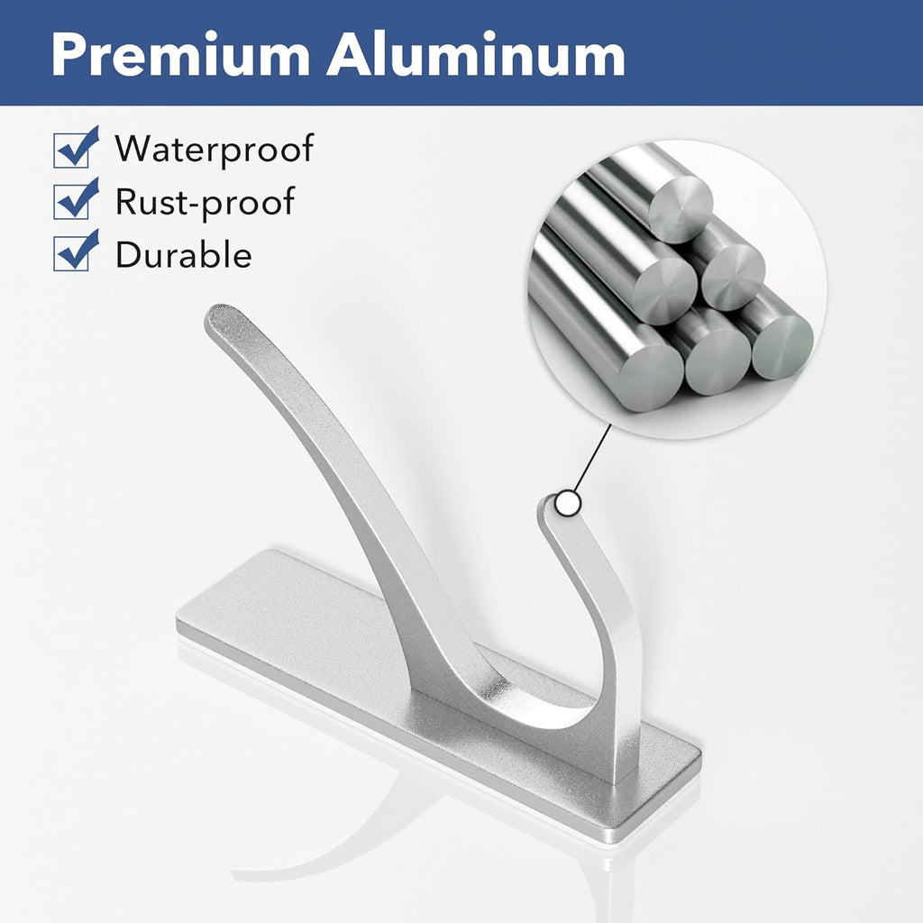 Self-Adhesive Coat Hooks for Hanging - Heavy Duty Stainless Double Wall Hook for Towel, Backpack, Hat, Sturdy Metal Hanger for Bathroom, Bedroom, Door, Wall Mounted, 4-Pack, Silver, New