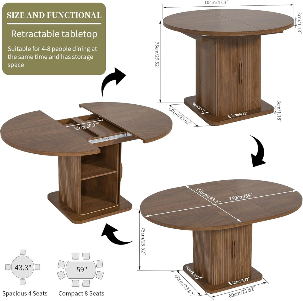 Extendable Round Dining Table for 4-6-8, 59 Inch Dining Room Kitchen Table wi...