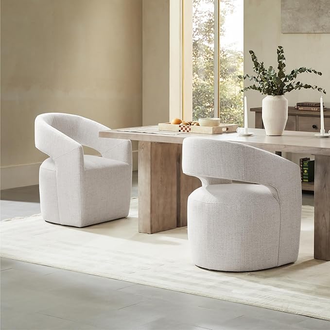 Upholstered Dining Chairs with Casters, No Assembly Modern Barrel Armchair with Rollers for Dining Room, Bedroom, Living Room, Reading Room, Home Office, Set of 2, Beige