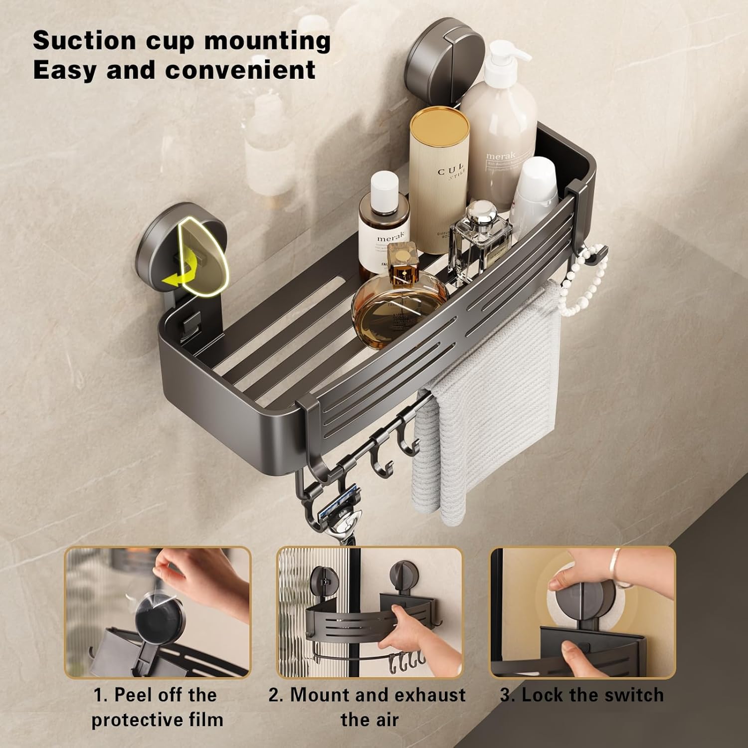 VOLPONE Shower Caddy Suction Cup No Drilling Suction Cup Shower Shelf Heavy Duty Bathroom Shower Organizer Storage Rack Adhesive with Towel Bar Hooks (3-Pack, Matte Gray)