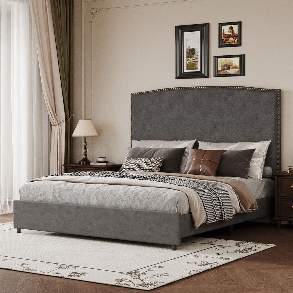 BarnFurin Queen Size Chenille Bed Frame with 56" Tall Headboard, Grey