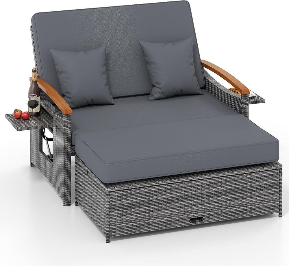 HAPPYGRILL Outdoor Wicker Sofa Daybed, Rattan Loveseat with Folding Panels &a...