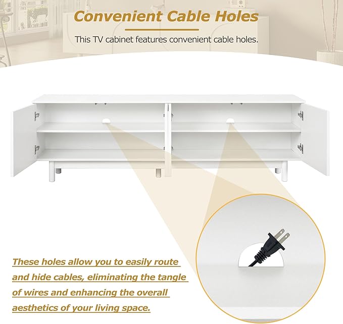 Merax 78" Modern TV Stand with Arch Cabinets, Solid Wood Legs & Adjustable Shelves | Entertainment Center with Cable Management for Living Room, White