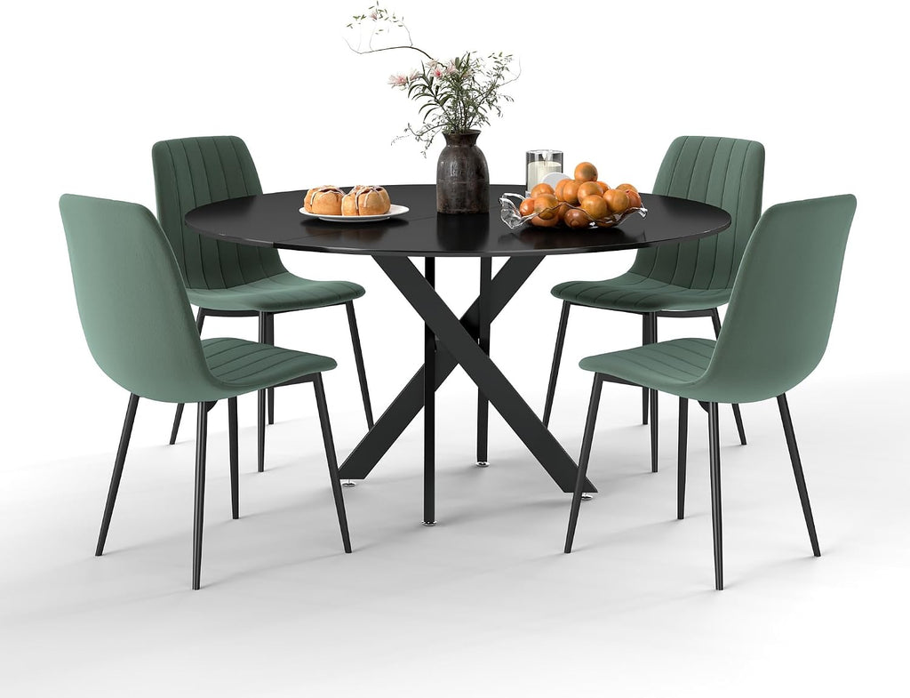 RGZ 47" Round Dining Table Set for 4, 5 PCS Modern Wooden Black Circle Kitchen Table with Steel Legs & 4 Green Velvet Upholstered Chairs for Dining Room, Living Room, Kitchen