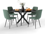 RGZ 47" Round Dining Table Set for 4, 5 PCS Modern Wooden Black Circle Kitchen Table with Steel Legs & 4 Green Velvet Upholstered Chairs for Dining Room, Living Room, Kitchen