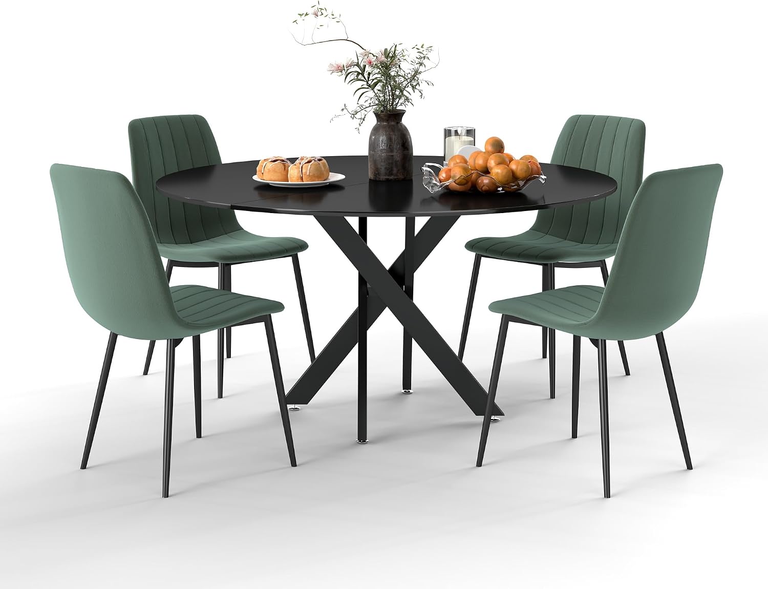 RGZ 47" Round Dining Table Set for 4, 5 PCS Modern Wooden Black Circle Kitchen Table with Steel Legs & 4 Green Velvet Upholstered Chairs for Dining Room, Living Room, Kitchen