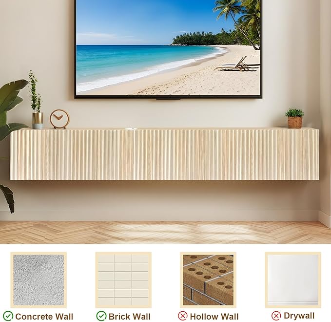 ZYBT Floating TV Stand, Modern Wall Mount Entertainment Center TV Shelf, 70.7" Media Console Under TV Storage Cabinet with Fluted Doors, TV Consoles for Living Room, Floating Cabinet for Wall (Oak)