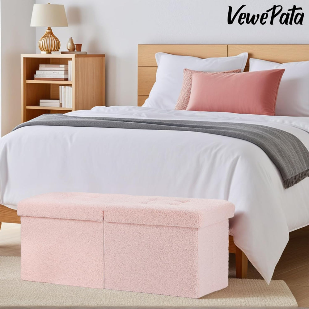 Storage Ottoman Bench, 34" Teddy Velvet Folding Foot Rest, Pink | Large ...