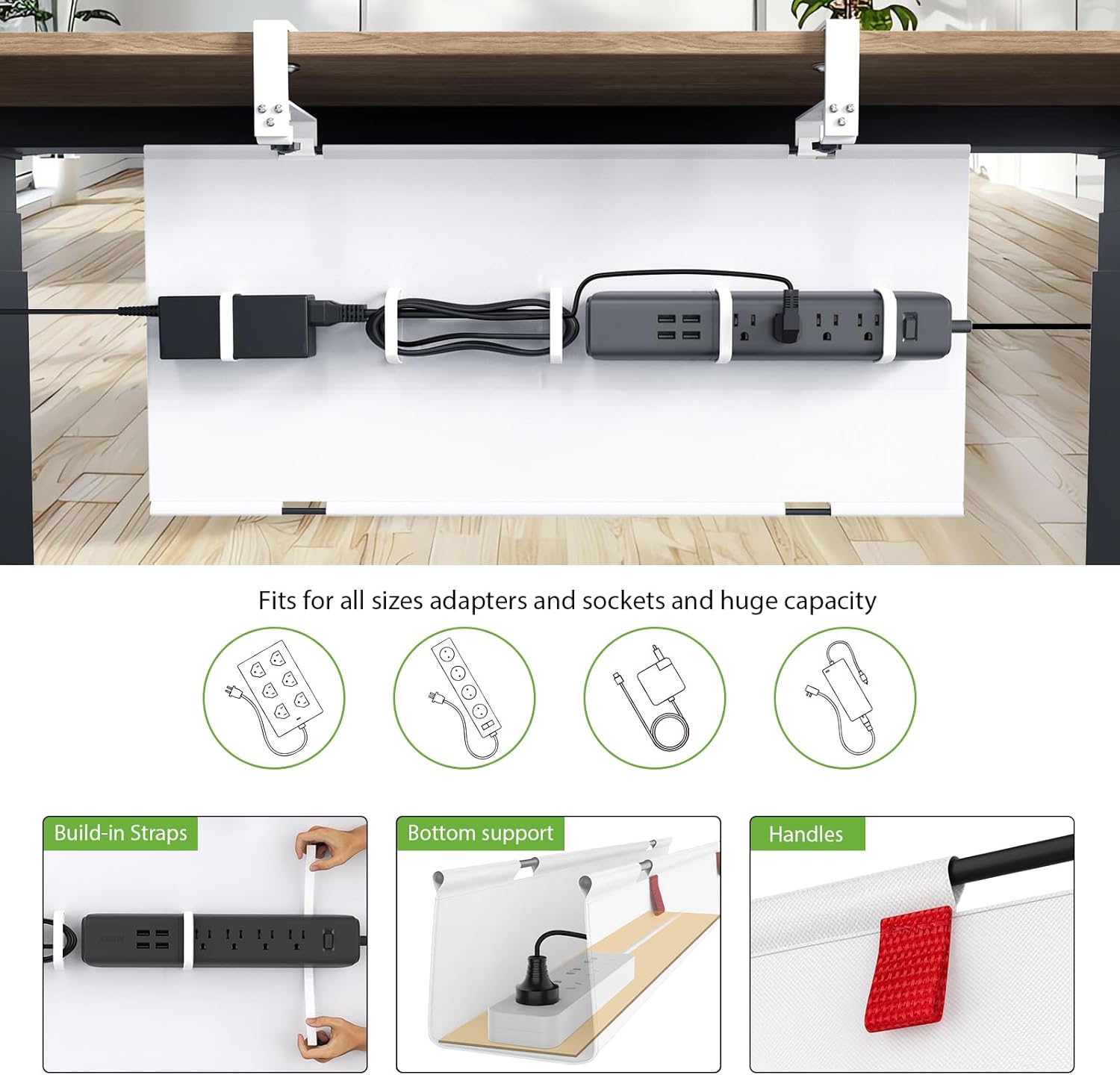 KEEGH No Drill Under Desk Cable Management Tray - 28" Cord Management Under Desk - Clamp/Screw Mount - Support Upto 70lbs - Fabric Wire Management - Gaming/PC Cable Raceways for Office/Home, White