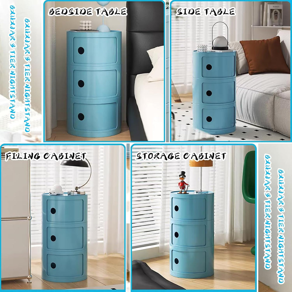 3 Tier Round Nightstand with Drawer, Royal Blue Round Side Table Small Plasti...