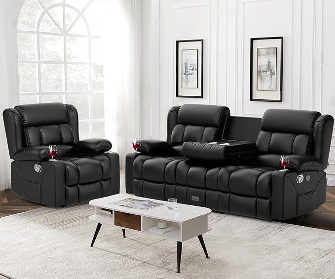 Loveseat Recliner Sofa Set, Flip Middle Backrest Design PU Leather 3 Seater Reclining Sofa and Single Oversized Recliner Chair, Manual Couches for Living Room (Black, PU 3+1)
