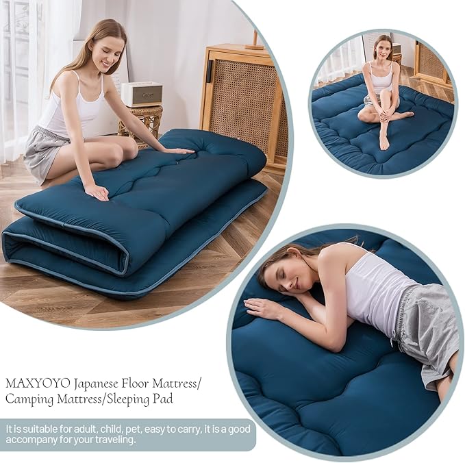 MAXYOYO Japanese Floor Mattress Futon Mattress, 4" Thicken Tatami Mat Sleeping Pad Foldable Roll Up Mat Boys Girls Dormitory Pad Kids Floor Lounger Pillow Bed, Charcoal Grey, Queen Size