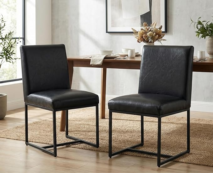 CIMOTA Black Leather Dining Chairs Set of 2, Upholstered Dining Room Chairs Armless Guest Side Chair with Black Base for Dining Room/Kitchen, 2PCS