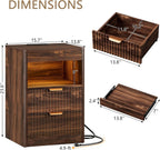 REAHOME Fluted Nightstand with Charging Station, Modern LED Night Stand with 2 Drawers and Pull Out Tray, Wood Bedside Table, End Side Table with Open Shelf for Bedroom,Walnut