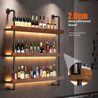 Large Wine Rack Wall Mounted with LED Light, Solid Wood Bar Shelves Wall Mounted, 3-Tiers Liquor Bottles Floating Shelves Display Storage Organizer for Home Bar, Dining Room (39.7 inch)