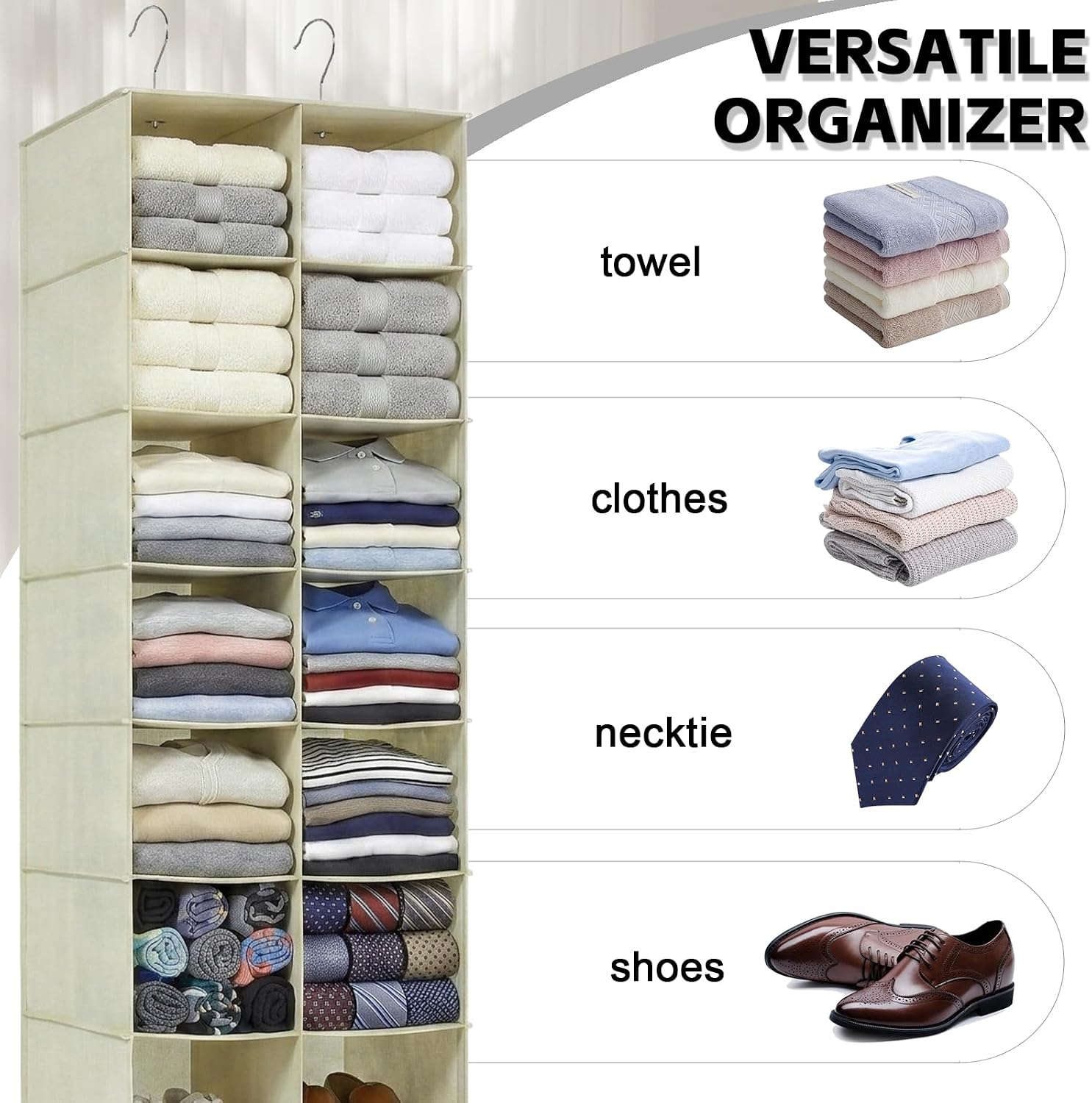 20 Section Hanging Shoe Organizer for Closet, Beige | Hanging Closet Organizer and Storage for Wardrobe, Dorm, Bedroom, Space Saving Foldable Clothes Shelf with Sturdy Hooks