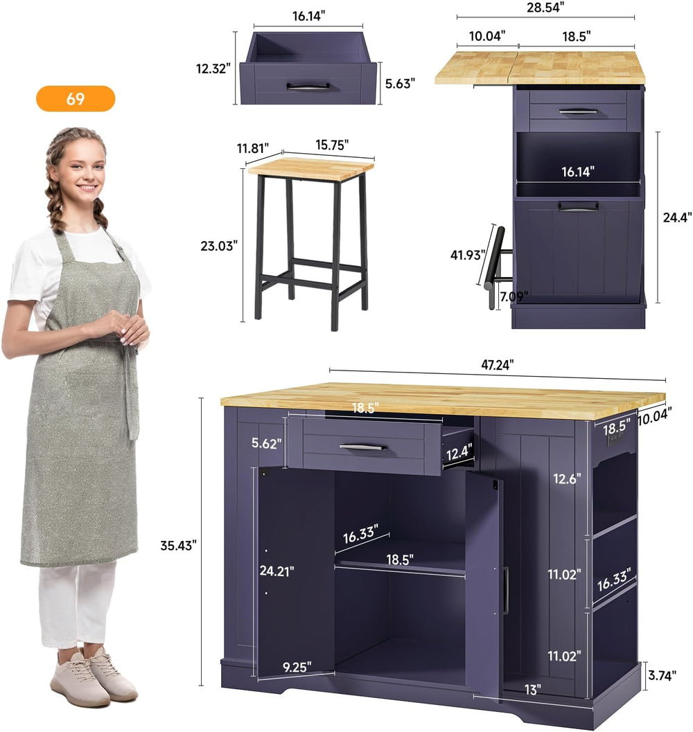 ONBRILL 47" Kitchen Island with Trash Can Storage, Include 2 Chairs, Blu...