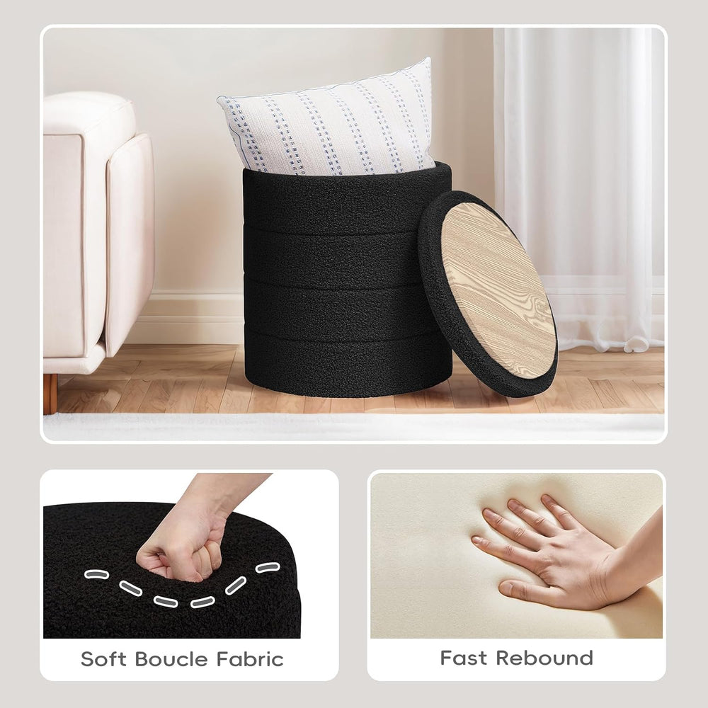 PINPLUS Compact Round Folding Storage Ottoman, Black Boucle Footstool