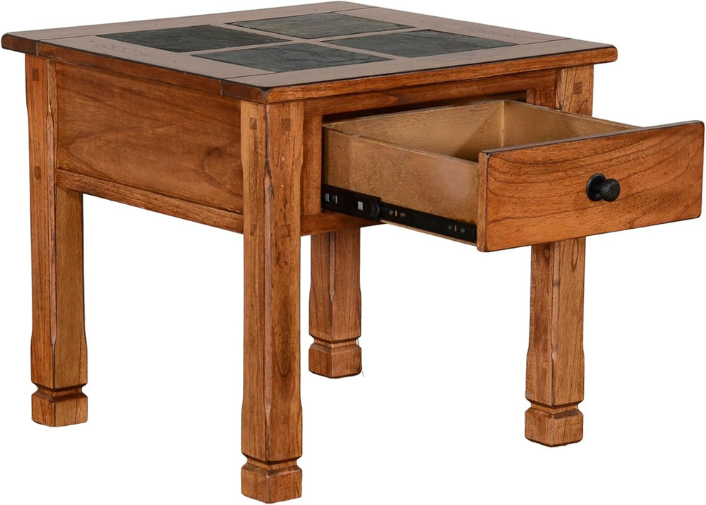 Benzara Marv Side End Table w Drawer- 26 Inch Square Slate Inlay Top- Brown