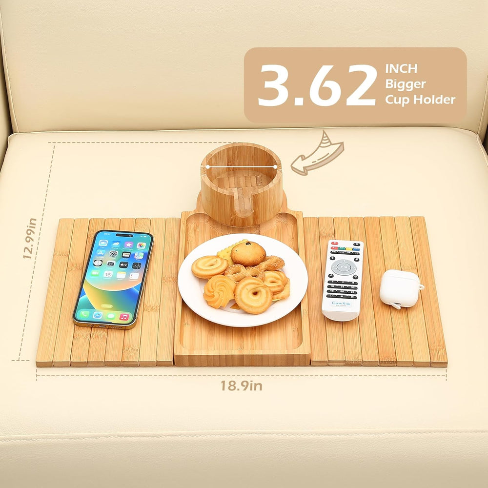 GHKINMAL Couch Cup Holder Tray, 3 in 1 Couch Arm Trays,Large Bamboo Chair Arm...