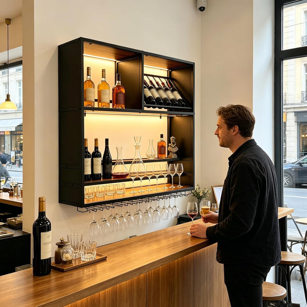 55in Large Wall Mounted Wine Rack with LED Light, 4 Tier Iron Liquor Bottle D...