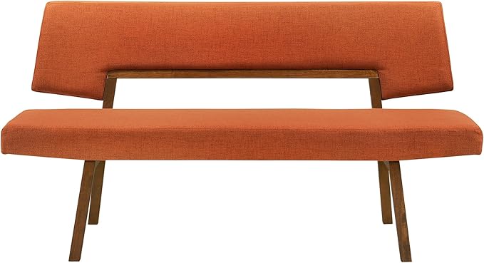Armen Living Channell Mid Century Modern 5 Piece Walnut Wood Dining Table Set with Benches in Orange Fabric
