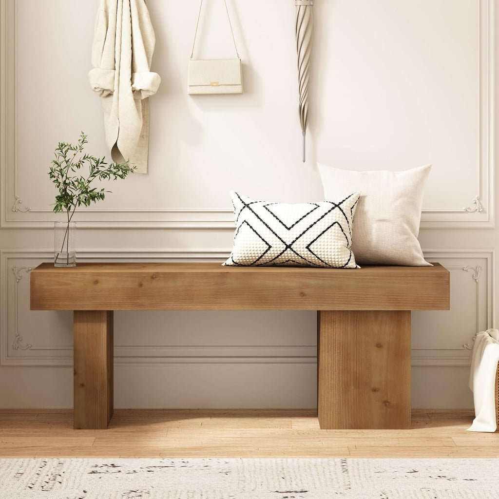 Farmhouse Solid Wood Entryway Bench, 47.3" Rustic End of Bed Bench for Bedroom, Handcrafted Accent Seating for Dining, Kitchen, Hallway, Living Room - 15 Min Assembly