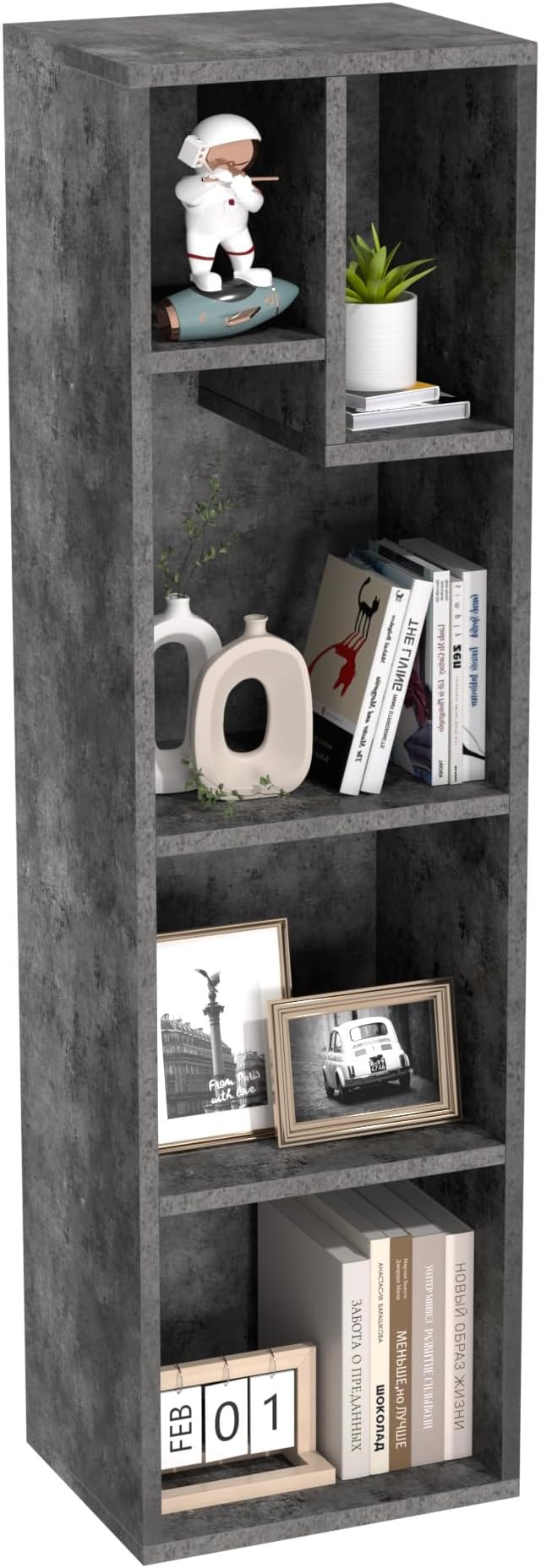 VECELO Small Bookshelf, 5 Cube Slim Bookcase, Fits Tallest Hardcovers, Horizontal Available, Modern Floor Standing Unit, Each Shelf Hold Up to 66 LBS,Modern Gray