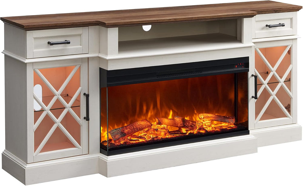 OKD Farmhouse TV Stand with Fireplace, 70'' Entertainment Center Stan...