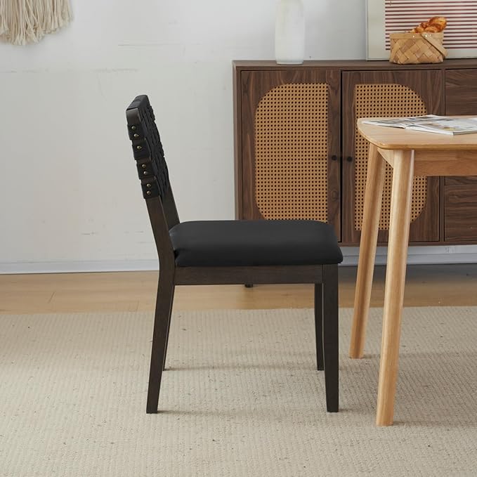 VINGLI Black Woven Wooden Dining Chairs Set of 4,Armless Mid Century Modern Desk Chairs with Rivet&Foot Pegs,Upholstered Farmhouse Comfy Chair No Wheels for Dining Room,Living Room,Kitchen,Oak,Suede