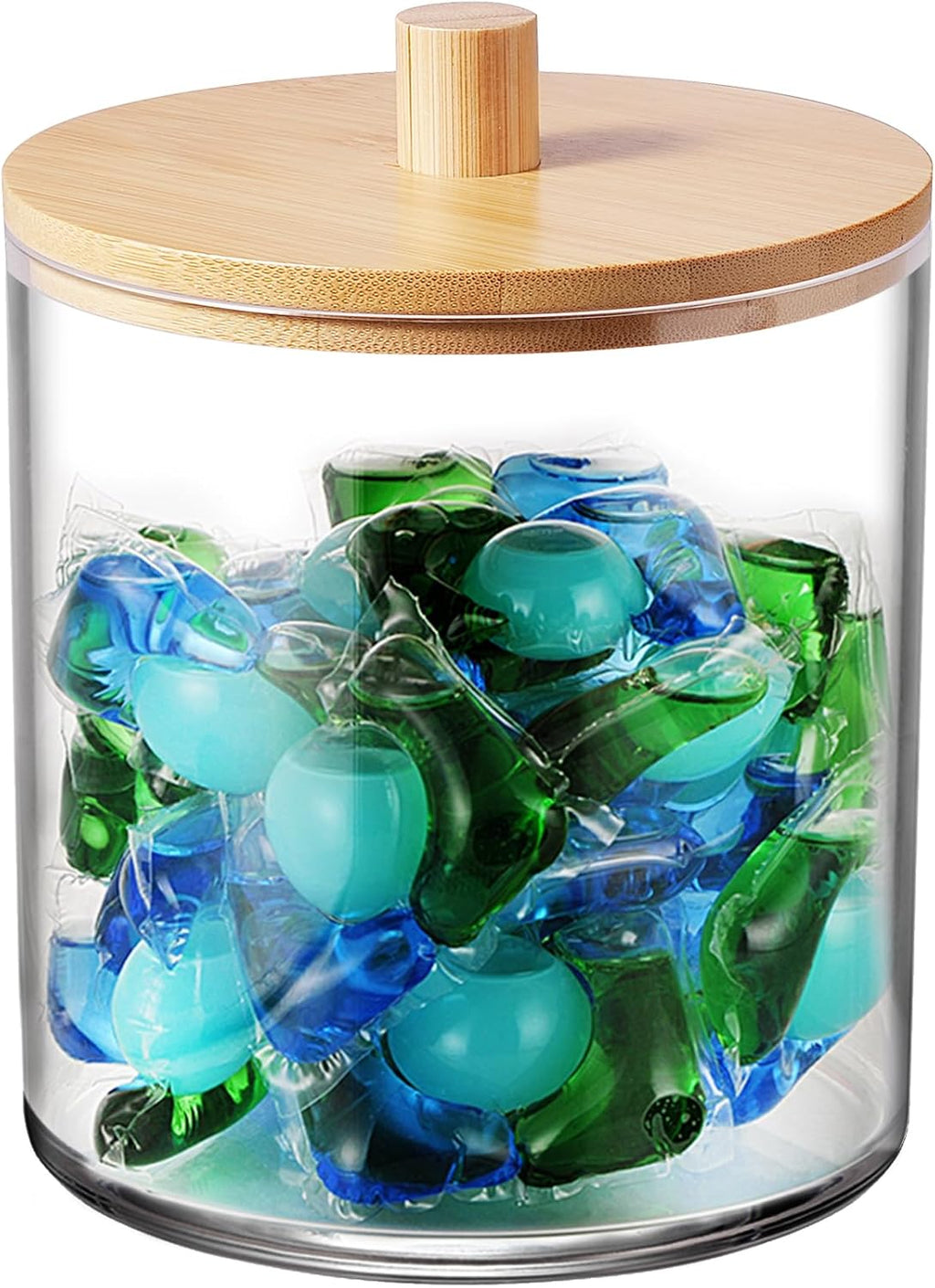 SheeChung 1 Pack 50 Oz Large Apothecary Jar with Bamboo Lid, Laundry Pods Container, Storage Jars for Bathroom Organization, Plastic Canisters with Cute Stickers Spoons(Natural)