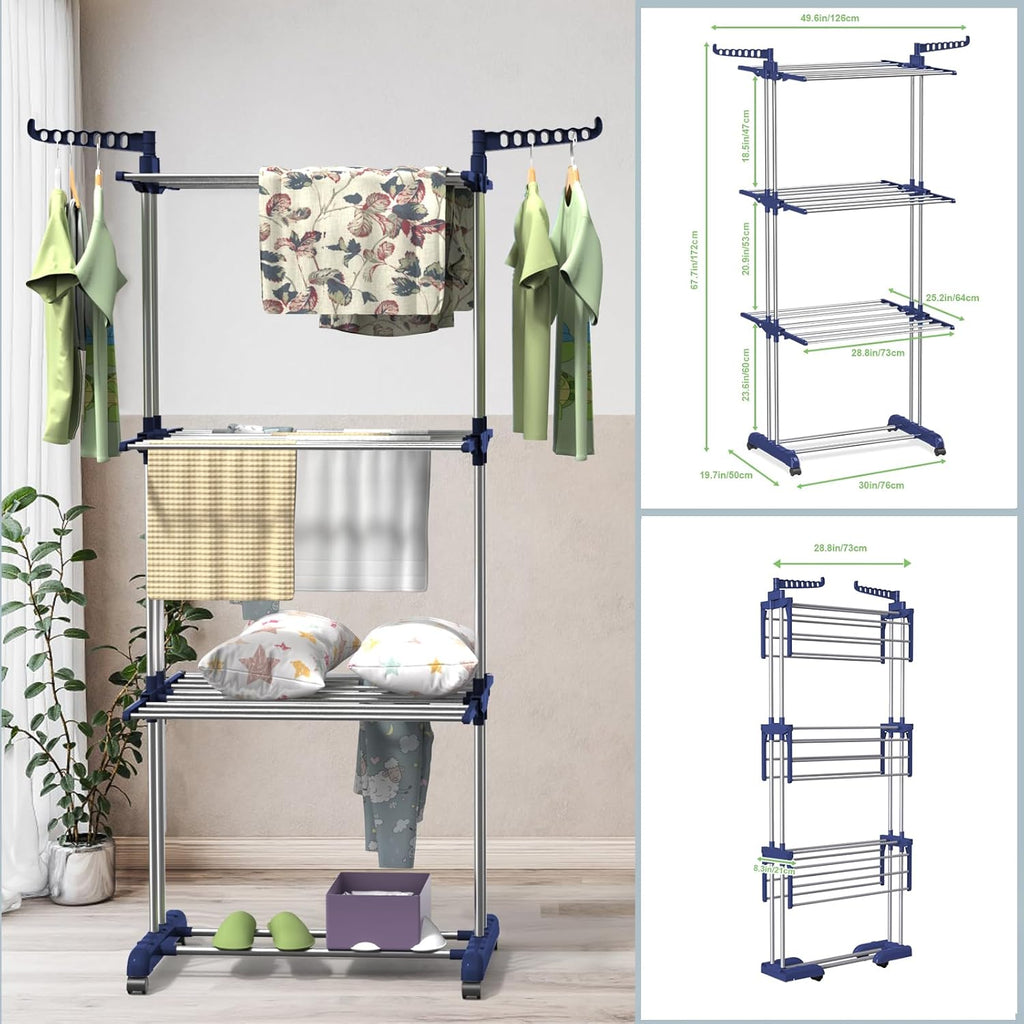 Bigzzia Clothes Drying Rack, 67.7 Inch Laundry Drying Rack with Foldable Base, 4 Tier Stainless Steel Drying Rack Clothing, Movable Laundry Rack for Indoor Outdoor-Blue