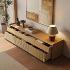POVISON 79" Fully Assembled Mid Century Modern TV Stand with LED Lights, Media Console with 6 Drawers, Wood Slatted Entertainment Center, No Assembly Required, Fits 75-85 Inch TV