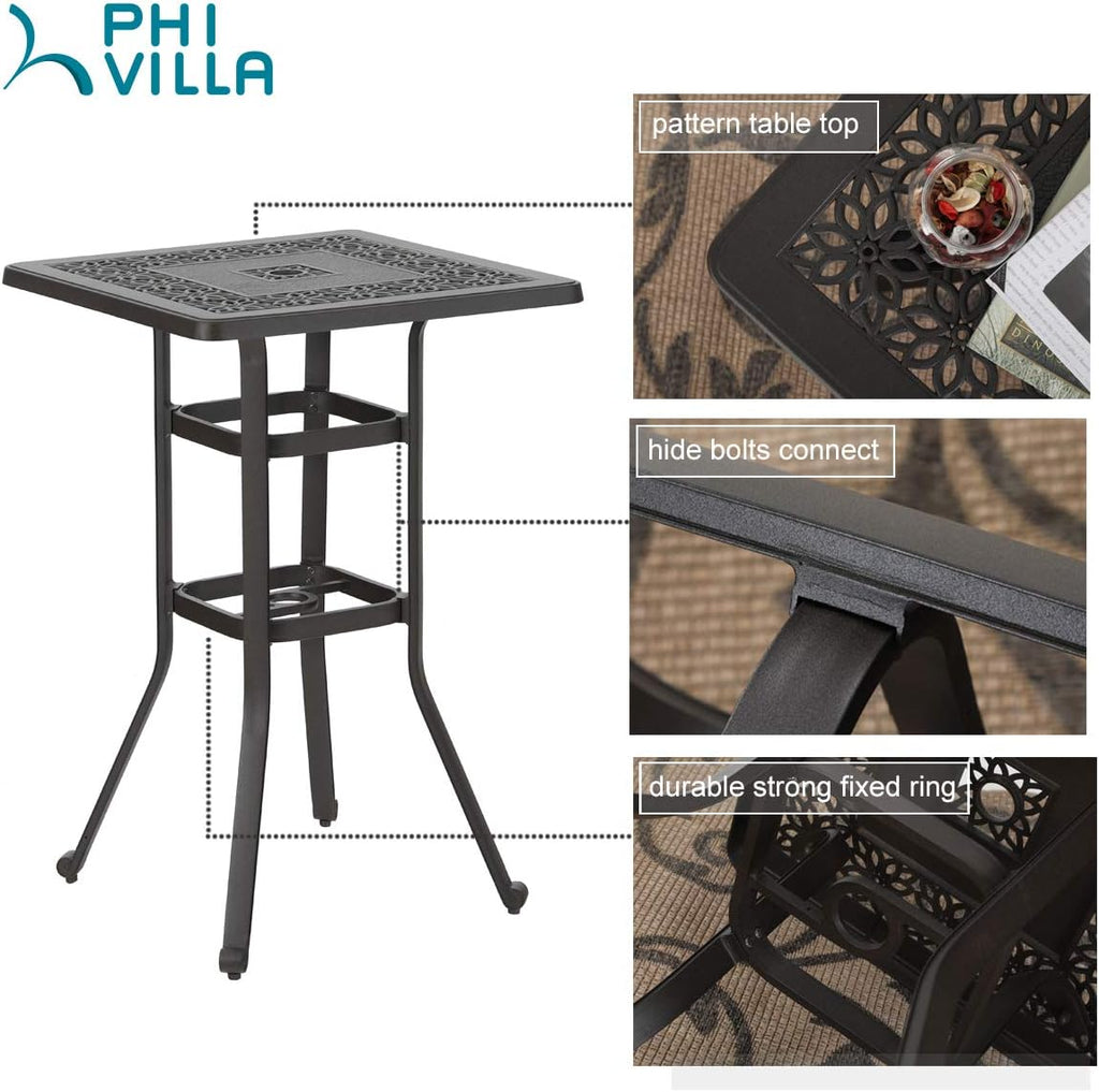 PHI VILLA Outdoor Patio Bar Tables Cast Aluminum,27.5" L x 27.5" W x 42" H | Frosted Surface Square Bar Height Bistro Table with 1.96" Umbrella Hole for Balcony Lawn Garden