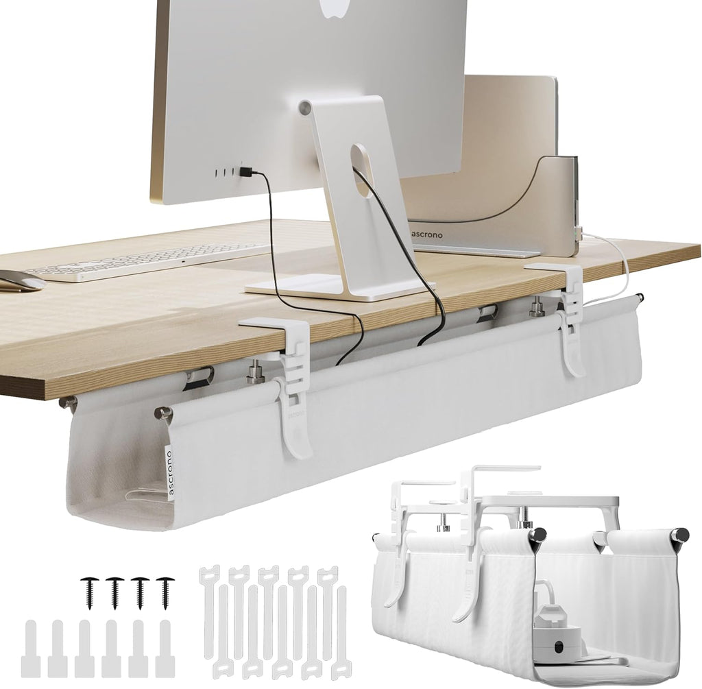 Ascrono Original No Drill Under Desk Cable Management Tray 40.6" - Premium White Fabric Cable Management Under Desk - Clamp/Screw Mount Cord Organizer - Supports Upto 66lbs - Large