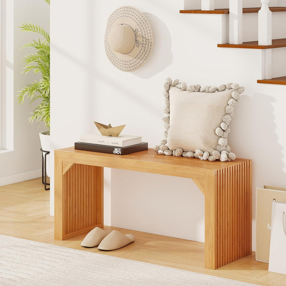 GOFLAME 36” Bamboo Dining Bench, Farmhouse Entryway Bench with Slatted Seat, ...