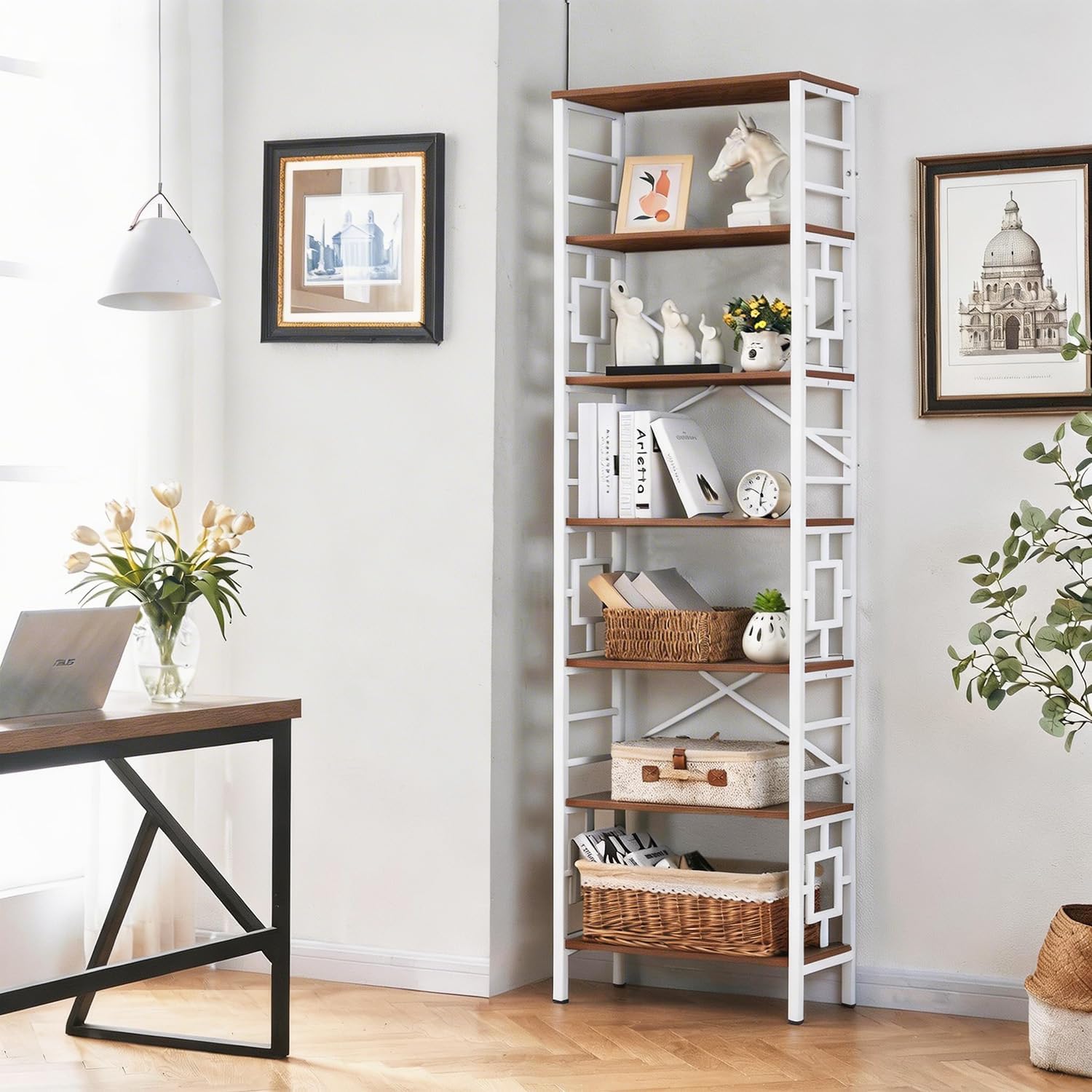 HOMISSUE Bookcase,7-Tier Tall Bookshelf Metal Bookcase and Bookshelves, Free Standing Storage Modern Bookshelf for Home Office Living Room and Bedroom, White
