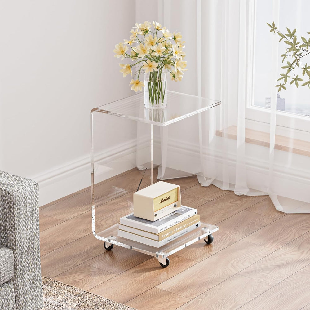 Mobile Clear Acrylic C Table with Wheels, 13.8" L x 13" W x 22&quot...
