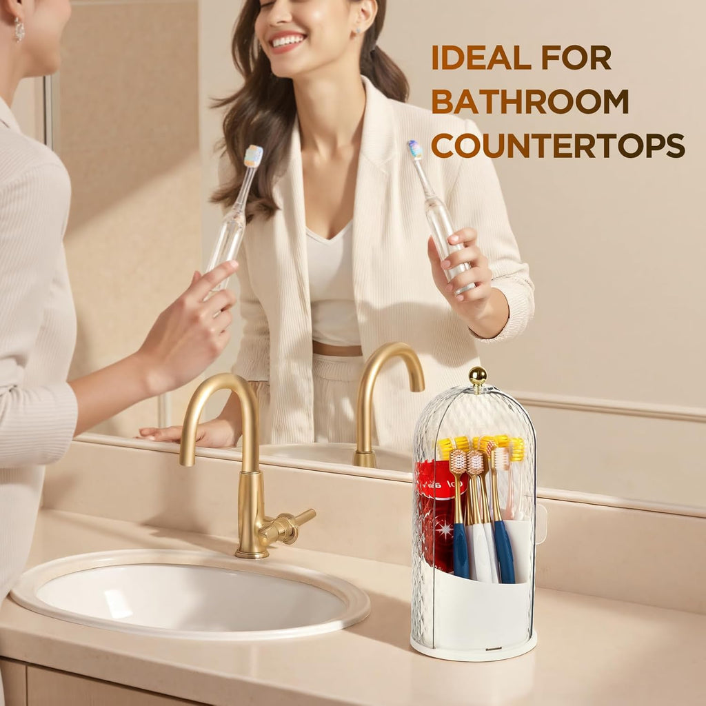 3 Slots Toothbrush Holders with Lid, Rotating Concealed Tooth Brush Holders for Bathroom, Countertop Toothbrush Holder with Cover, Toothpaste Holder for Bathrooms, Makeup Brush Holder(White)