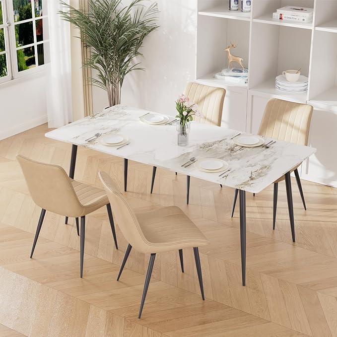 Dining Chairs Set of 4, Leather Modern Kitchen & Dining Room Chairs, Comfortable Upholstered Kitchen Chairs with Metal Legs Armless Side Chairs for Living Room Bedroom Restaurant Cafe, Khaki