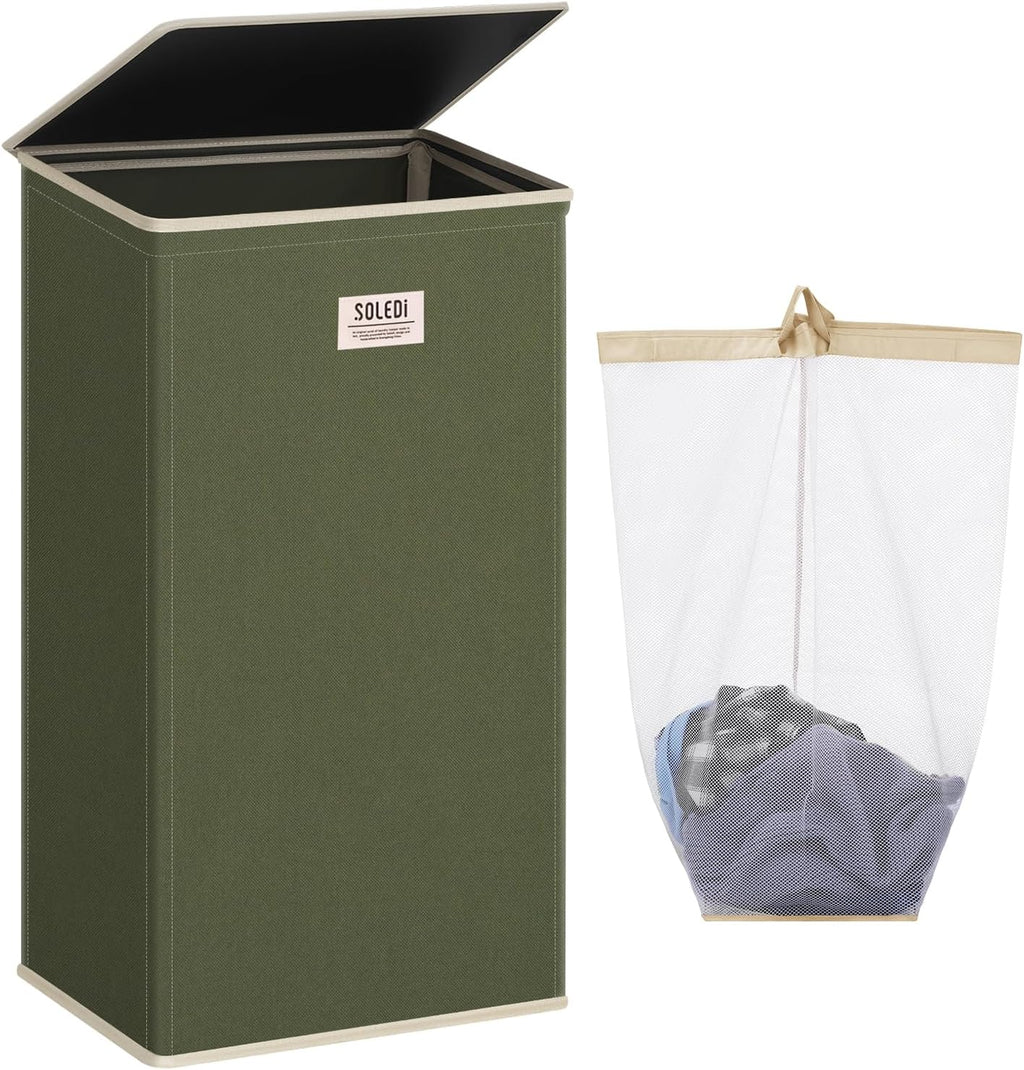 SOLEDI Laundry Hamper with Lid 100L Large & Tall Collapsible Laundry Basket, Clothes Hamper with Bag Removable Easy to Carry, Dirty Hampers for Bedroom, Bathroom, Dorm, College, Avocado