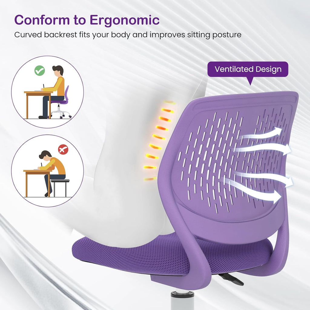 Giantex Kids Desk Chair, Adjustable Children Study Chair, Swivel Armless Mesh Task Office Chair, Computer Desk Chair with Adjustable Height & Lumbar Support (Purple)