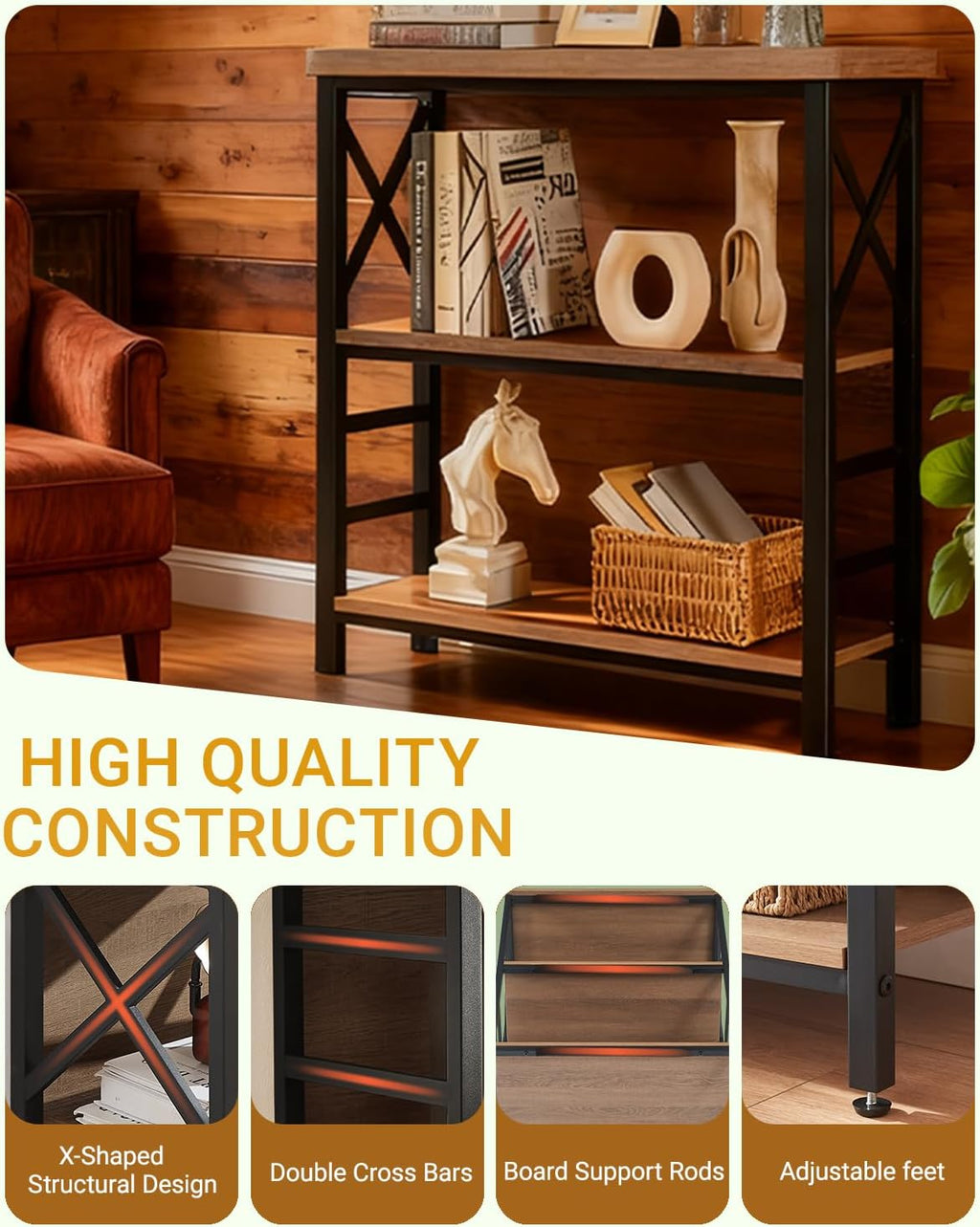 MNEETRUNG Book Shelf, Small 3-Tier Industrial Bookshelf with Strong Metal Frame & Backboard, 29.5" Short Bookcase for Small Spaces, Living Room, Bedroom and Home Office, Brown