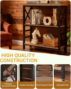 MNEETRUNG Book Shelf, Small 3-Tier Industrial Bookshelf with Strong Metal Frame & Backboard, 29.5" Short Bookcase for Small Spaces, Living Room, Bedroom and Home Office, Brown